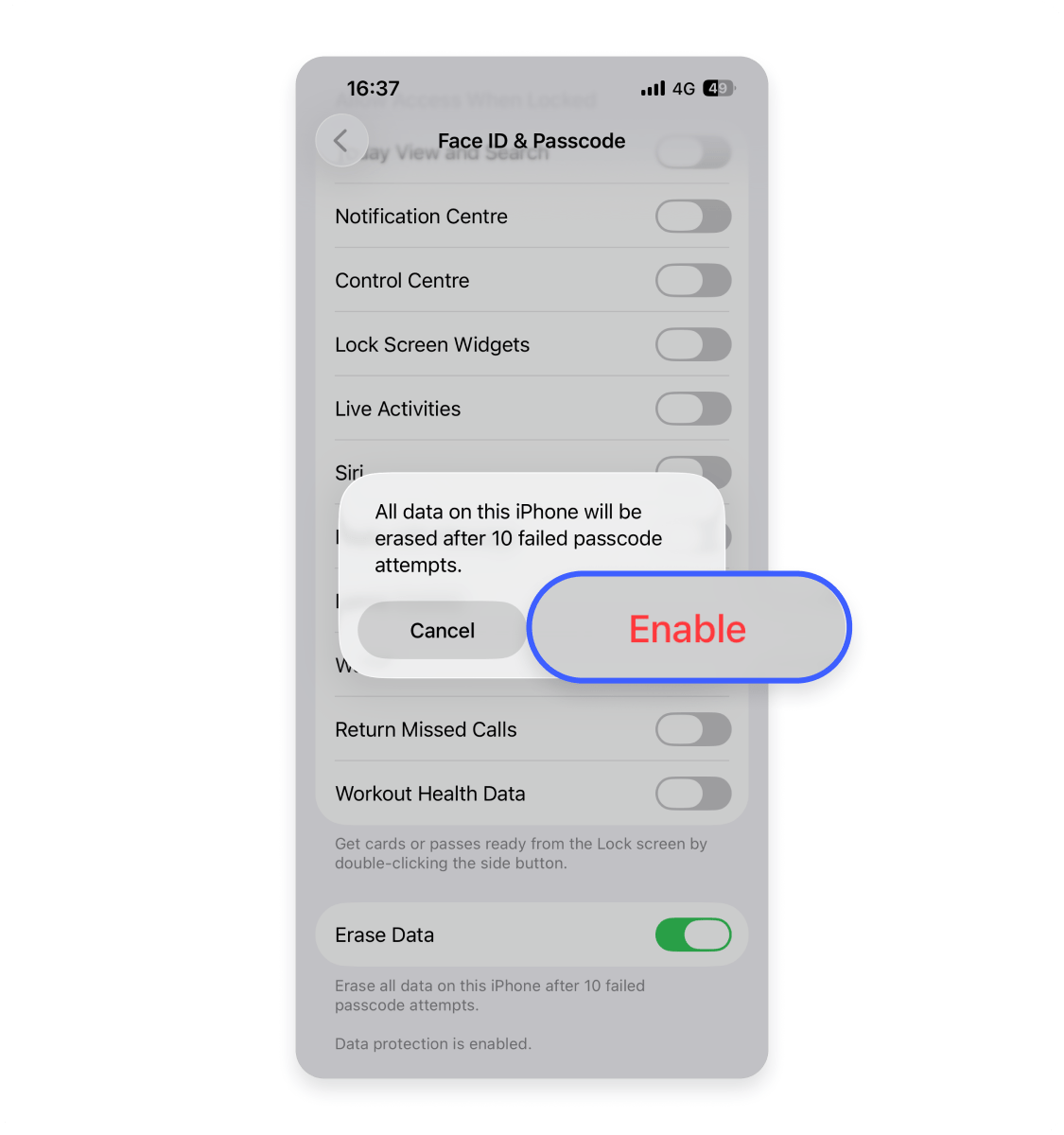 How to enable the “Erase data” feature on an iPhone: Step 4.