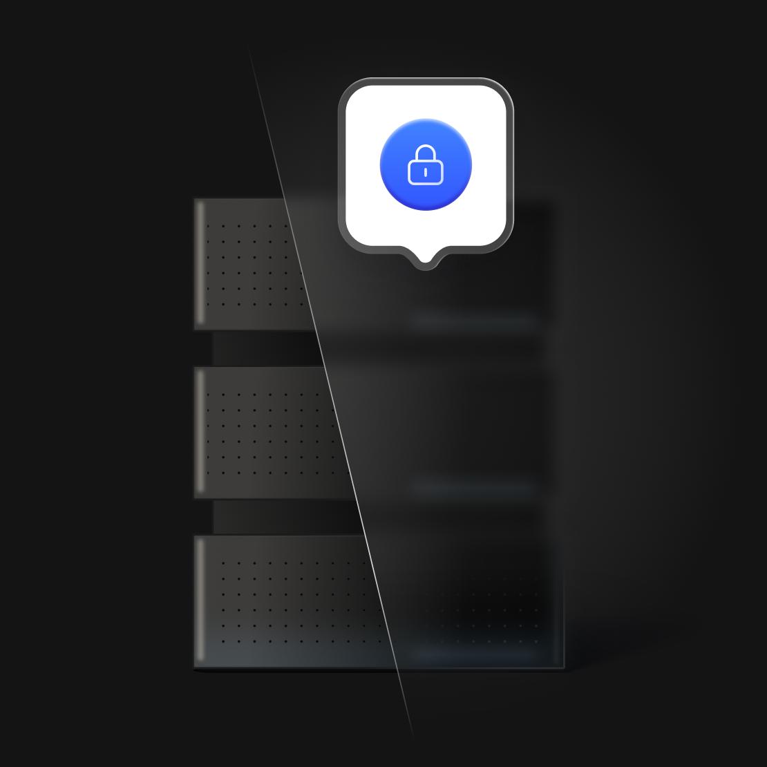 A lock icon above an obscured server stack representing obfuscated servers on restrictive networks.