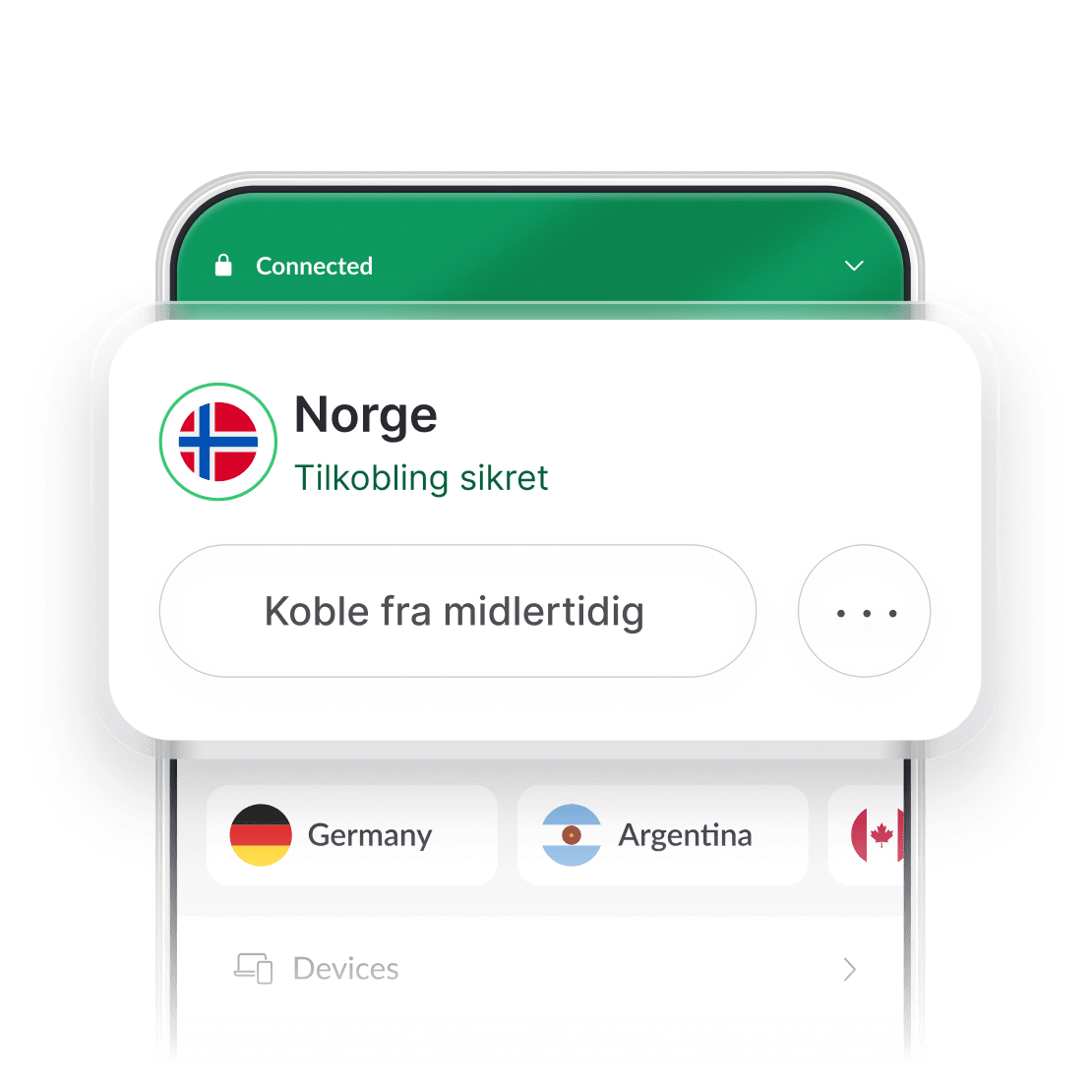 Skjermbilde av NordVPN-appens grensesnitt der Norge-serveren er valgt.