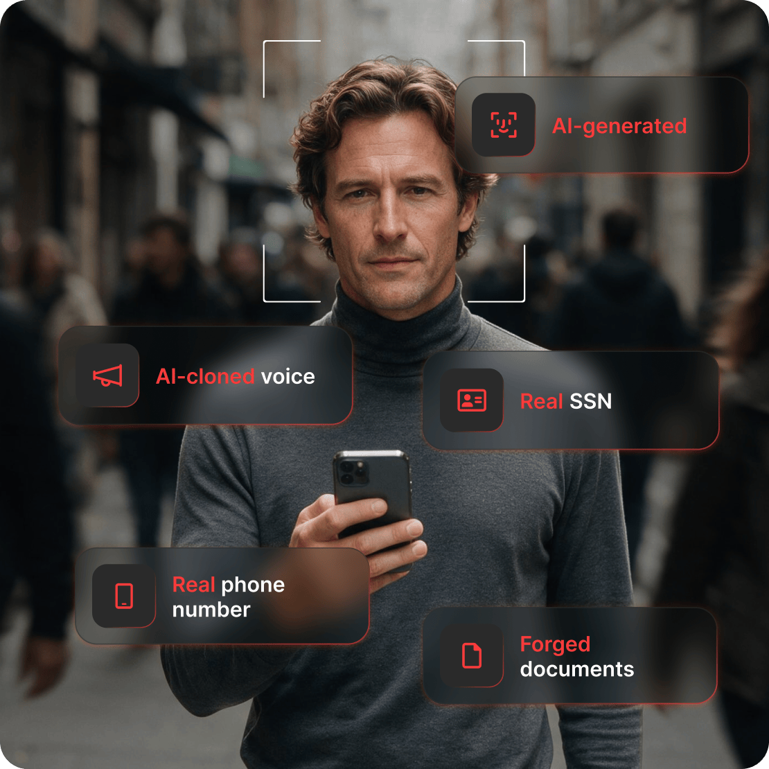 Deepfake scams combine AI-generated faces and cloned voices with real SSNs, phone numbers, and forged documents.