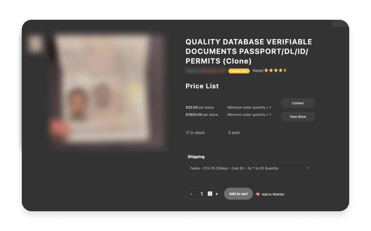 Lista de la dark web que ofrece a la venta documentos de viaje robados.