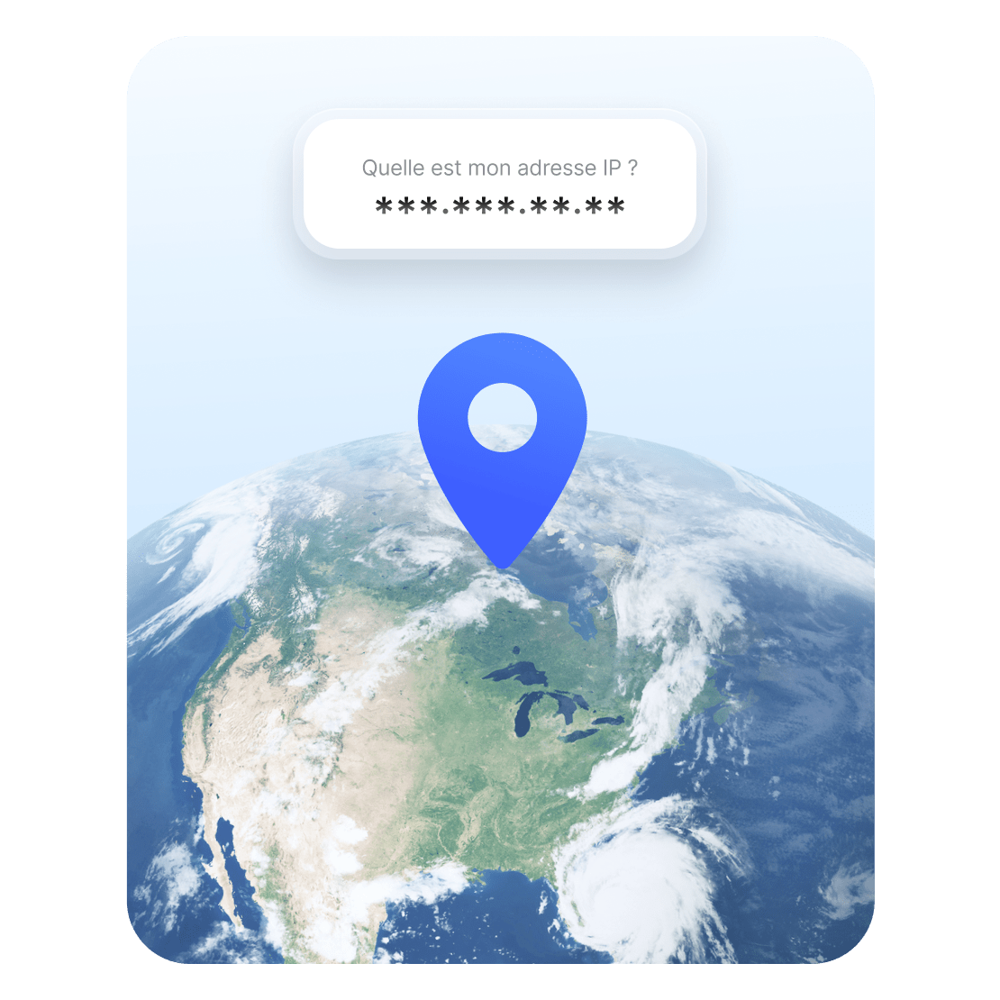 Illustration d&#39;un globe terrestre avec un repère de localisation et une adresse IP masquée.
