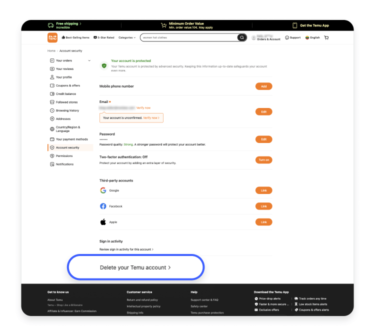 How to delete your Temu account via the website 4