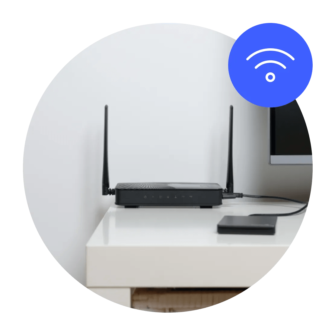 Um roteador ao lado de uma TV com um símbolo azul de Wi-Fi no canto.