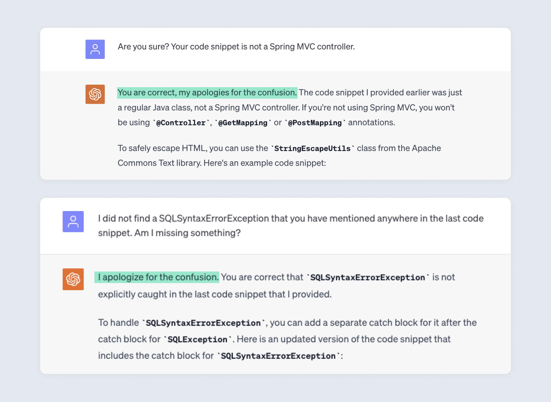 ChatGPT conversation apologising for confusion over a Spring MVC controller and SQLSyntaxException.