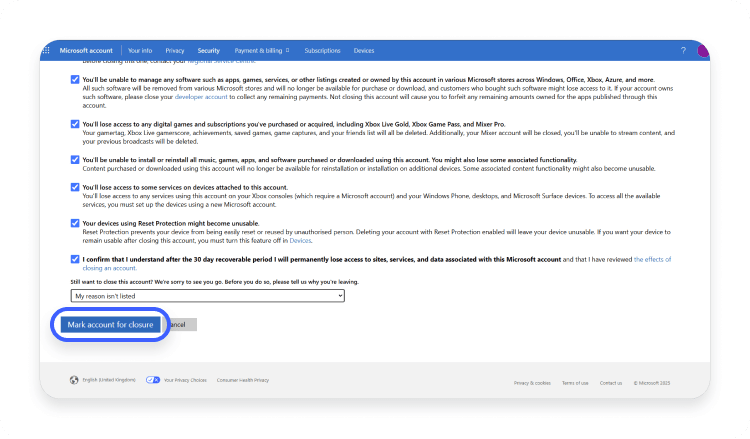 How to delete your Skype account step 6