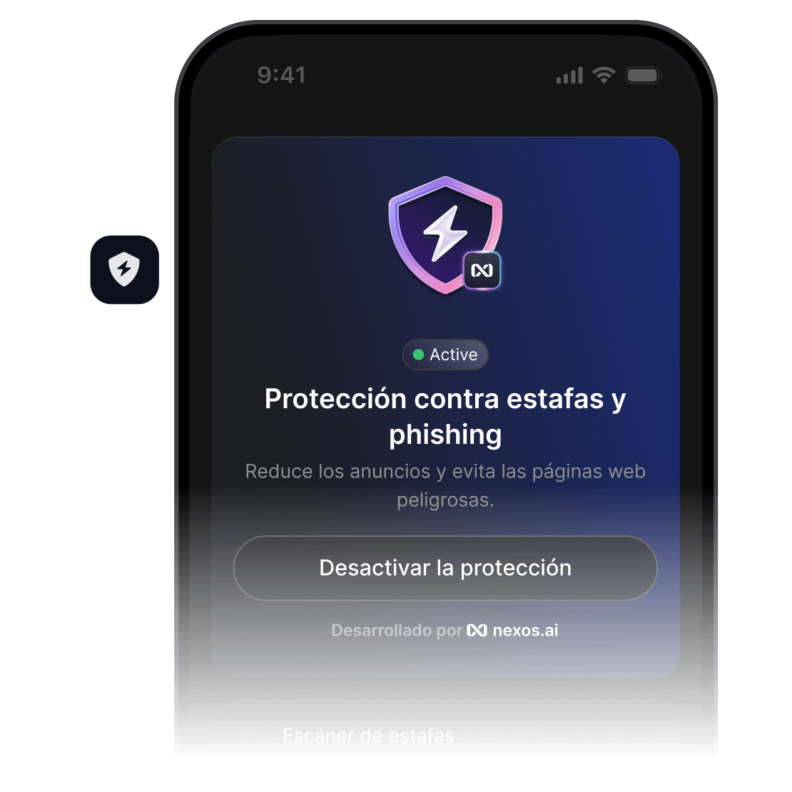 La pantalla de un smartphone con la app de NordVPN abierta y la función de protección contra estafas y phishing activada.