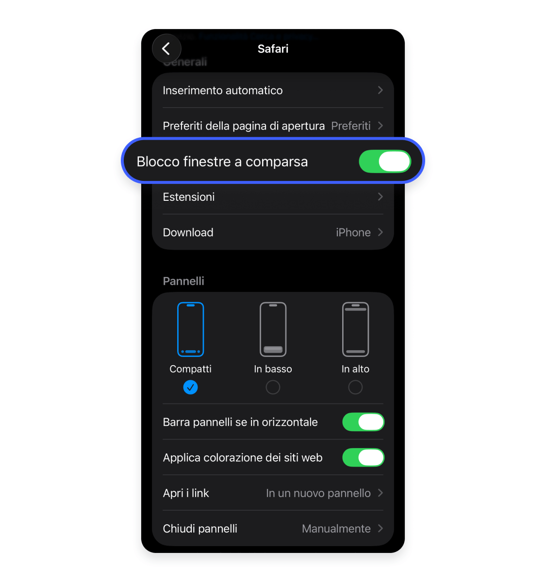 Attiva &quot;Blocco finestre a scomparsa”