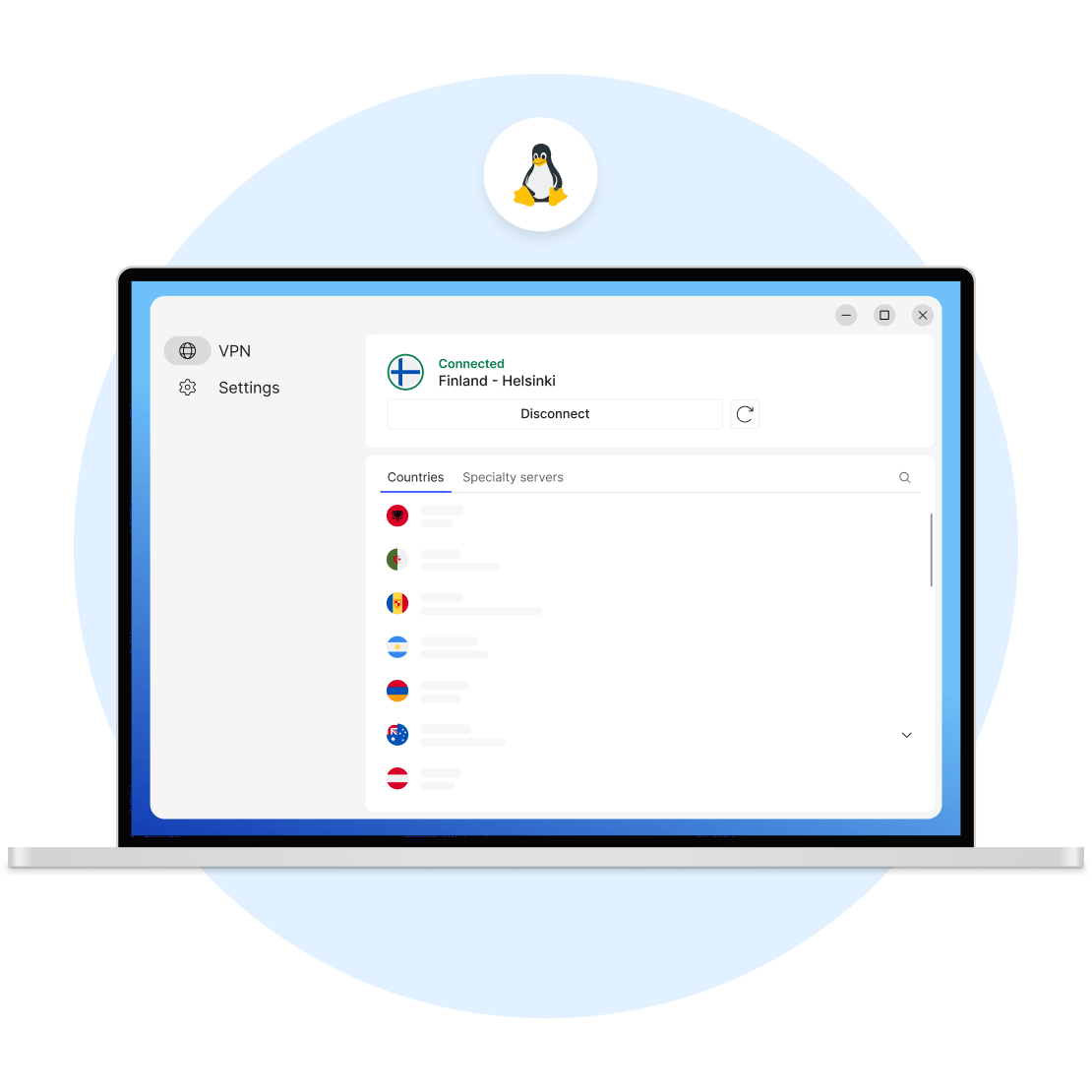 Kannettavan näytöltä näkyy NordVPN:n palvelimia eri maihin – vaihtoehto ilmaiselle VPN:lle Linuxille.