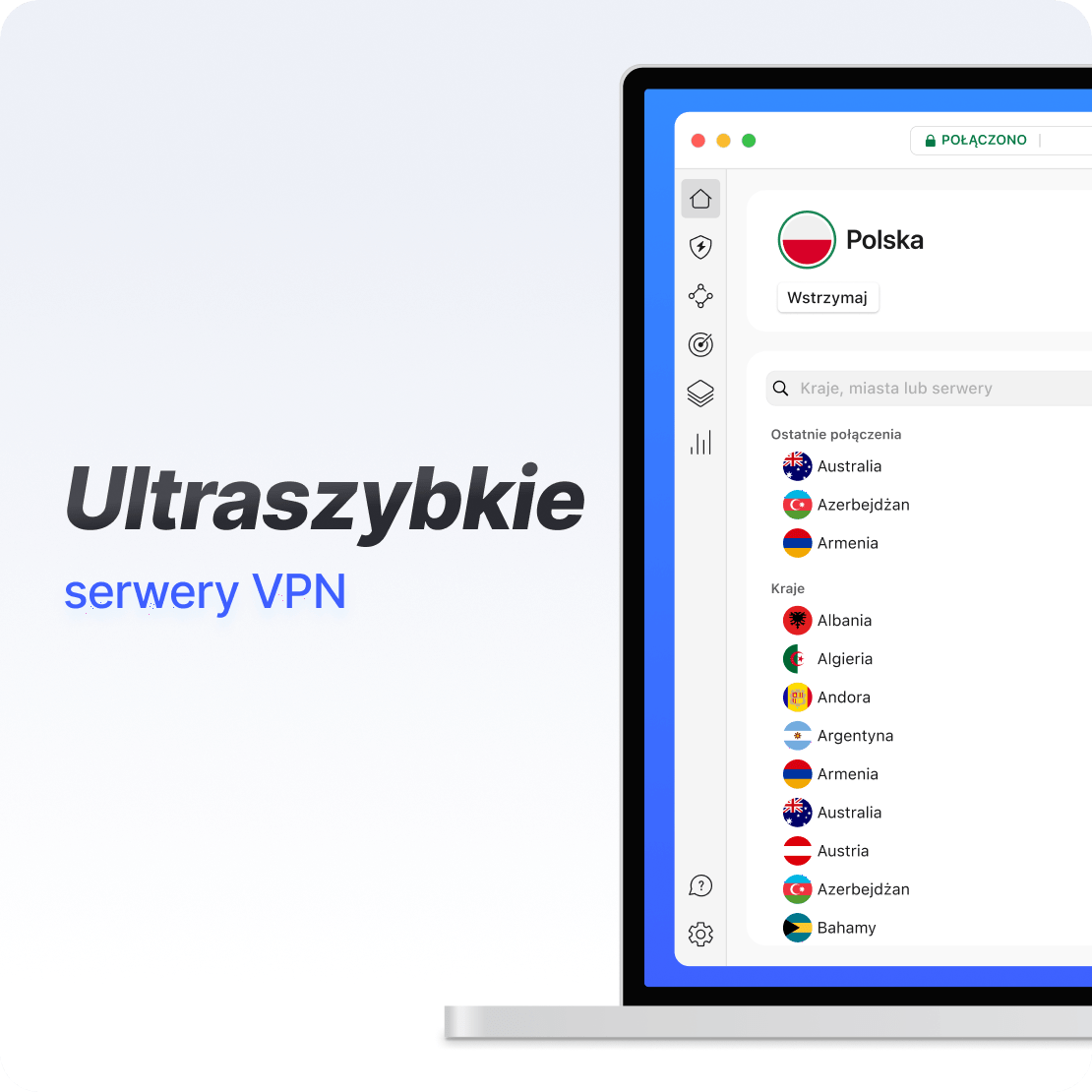 Interfejs aplikacji NordVPN na laptopie pokazujący szybkie połączenie VPN.