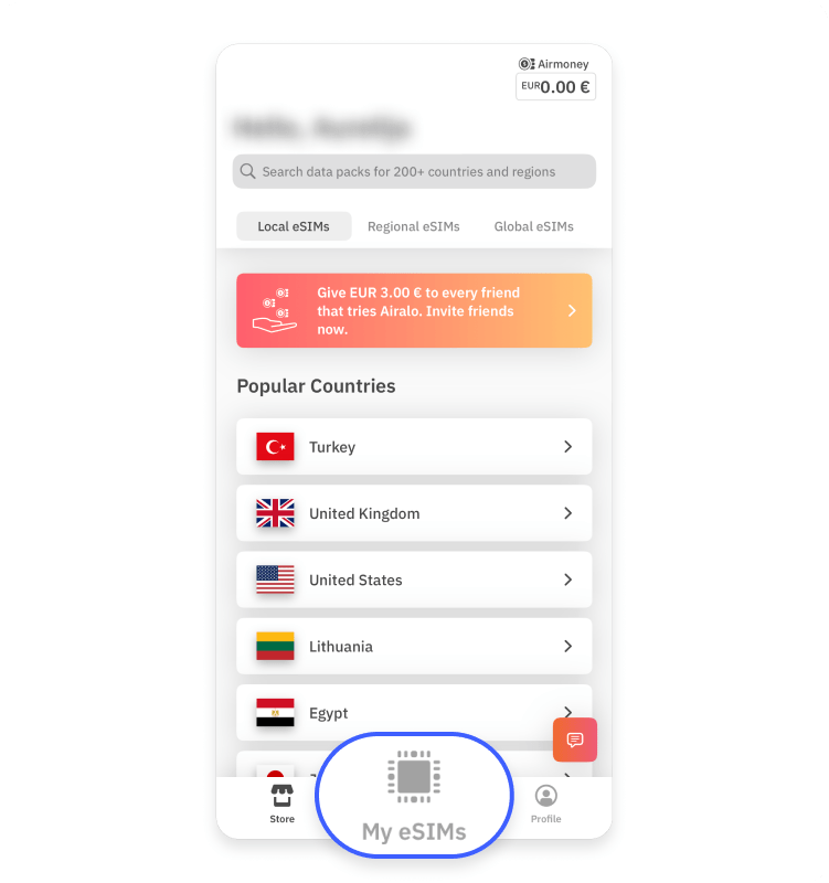 A screenshot of step 1 with the “My eSIMs” section highlighted on the Airalo app.