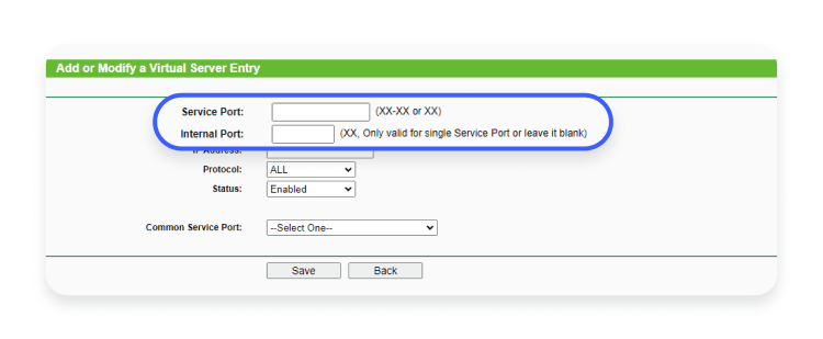 Add service port and internal port numbers