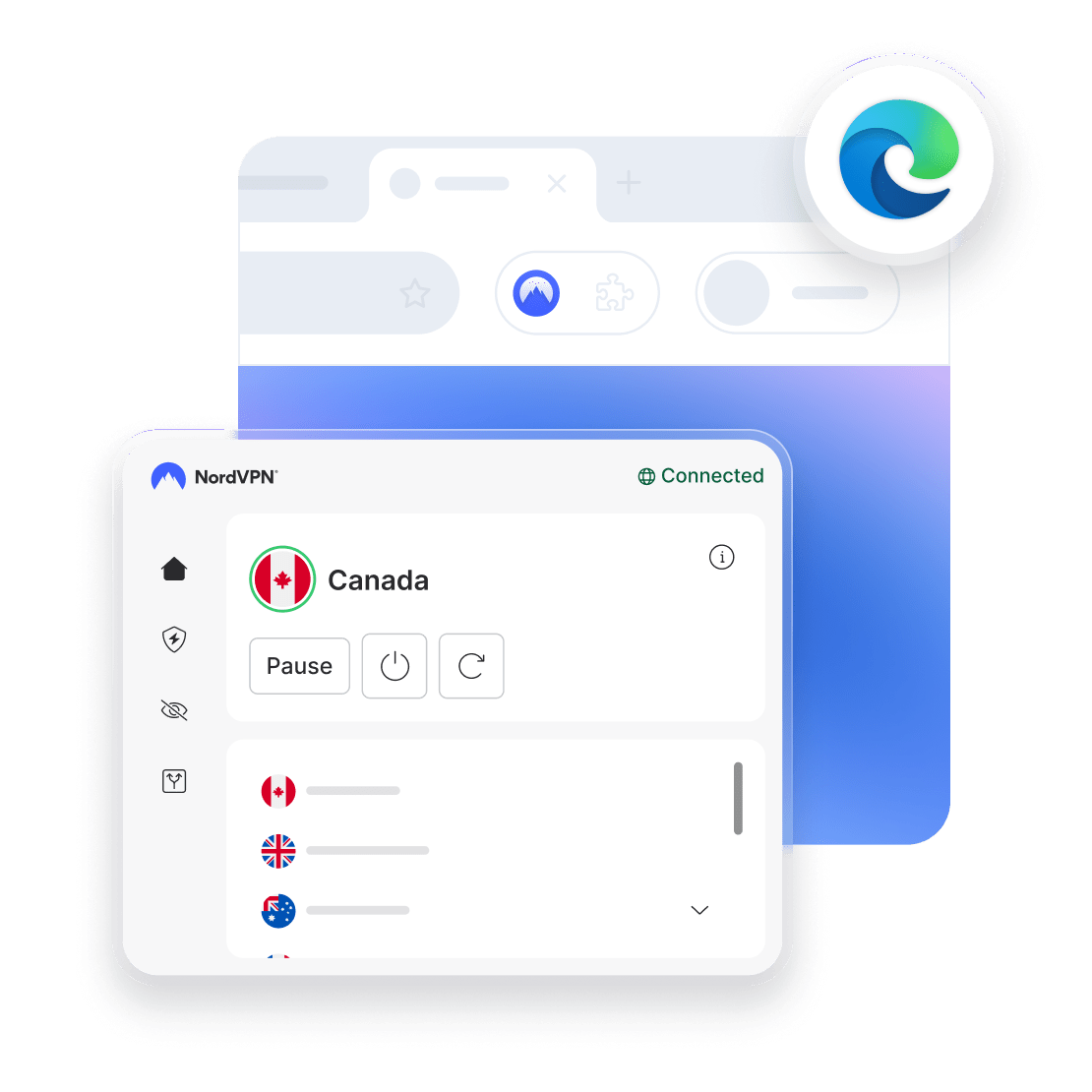 A computer screen showing a VPN on the Microsoft Edge browser for safer online browsing in Canada.