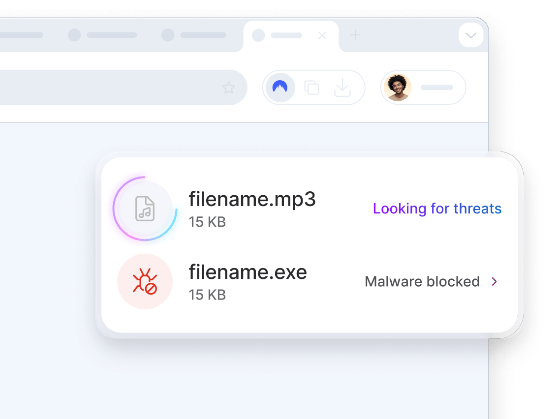 شاشة متصفح تعرض برنامج مكافحة فيروسات من الجيل التالي يفحص ملف MP3 بحثًا عن التهديدات ويحظر ملف EXE يحتوي على برامج ضارة.