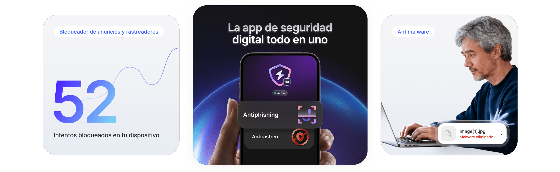 Elementos visuales que muestran las funciones contra fraudes y rastreos, y antimalware del antivirus de última generación de NordVPN.