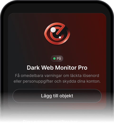 Gränssnittet för Dark Web Monitor Pro visar att funktionen är aktiv och inställd på att skicka varningar om läckta personuppgifter.