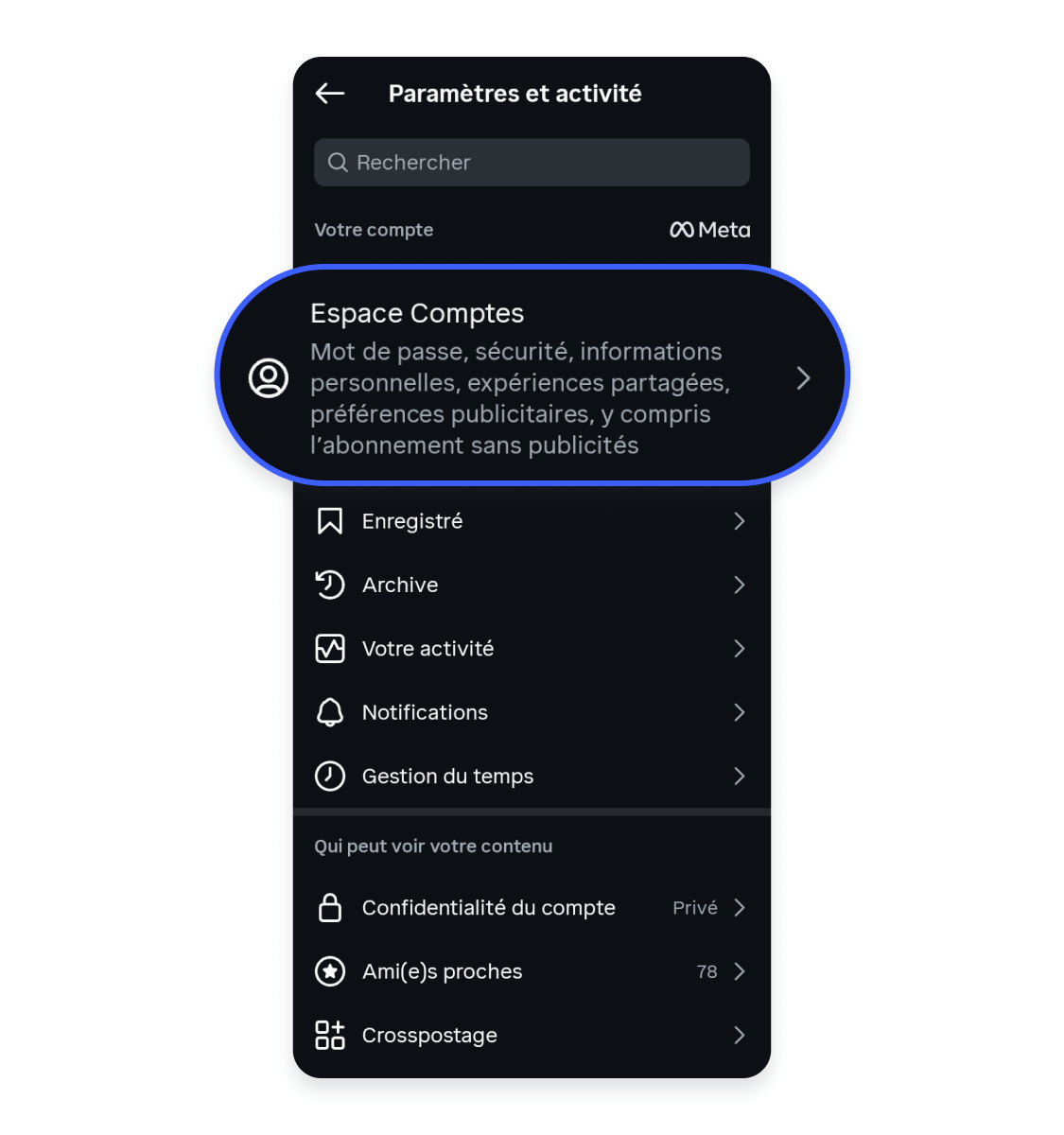 Suppression d&#39;un compte Instagram sur mobile : appuyer sur Espace Comptes