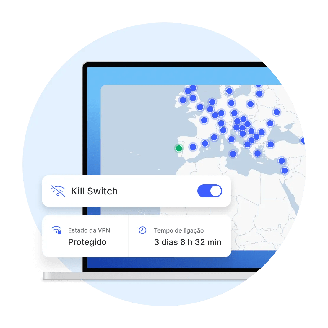 Um ecrã de portátil a mostrar uma ligação segura a um servidor VPN em Portugal, protegido pelo Kill Switch.