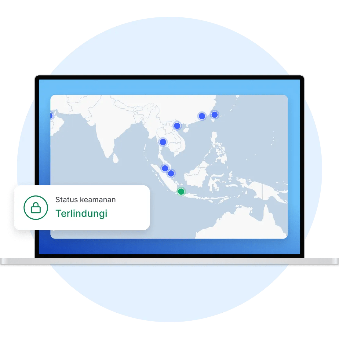 Sebuah laptop dengan aplikasi NordVPN terbuka, tersambung ke server di AS.