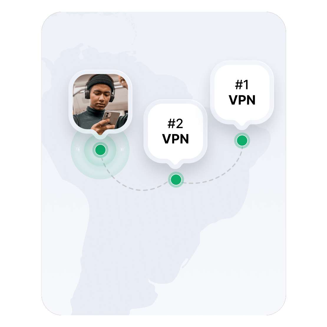 Um mapa da América do Norte que mostra duas localizações de servidores VPN.
