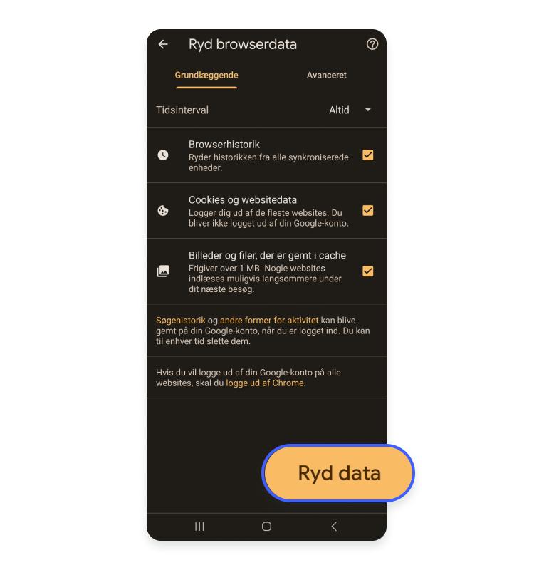 Ryd cache i Android: Klik på Ryd data.