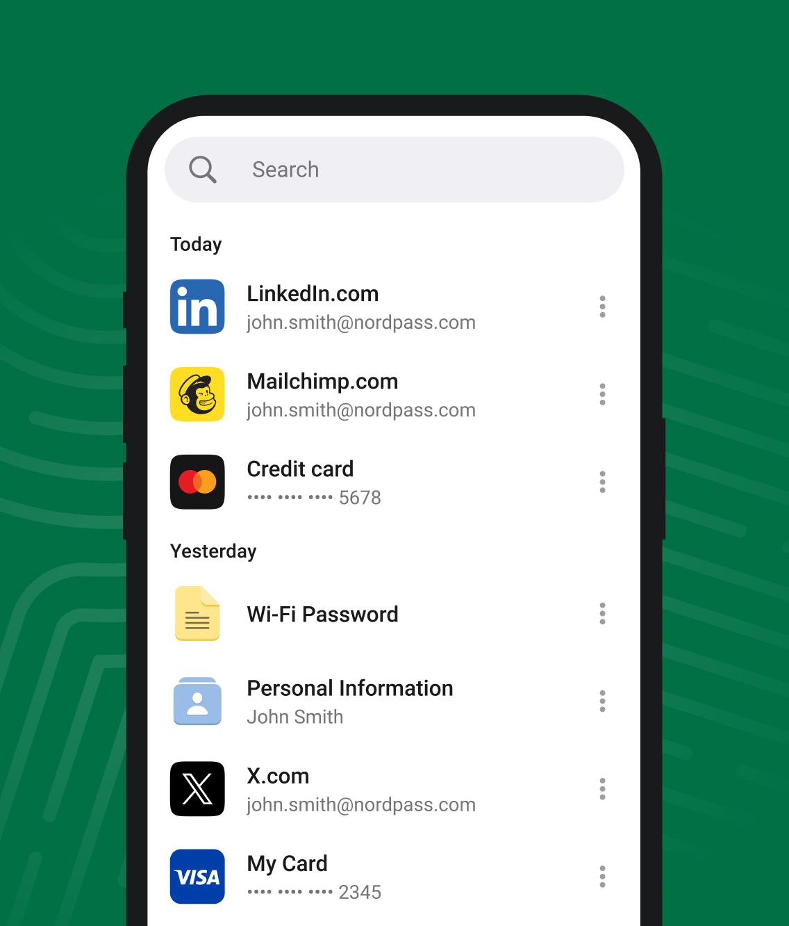 NordPass app showing saved logins and payment cards.