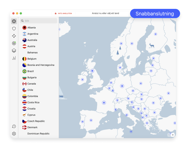 Klicka på Snabbanslutning så väljer NordVPN en lämplig server åt dig.