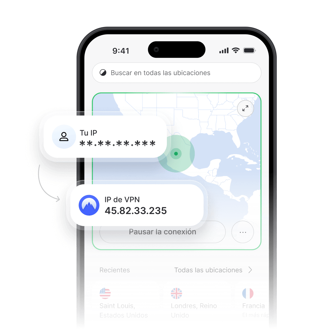 La app de NordVPN muestra una dirección IP real oculta y una nueva dirección IP de VPN.