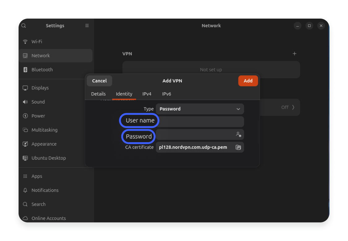 How to set up a VPN on Ubuntu using the GUI: Step 5
