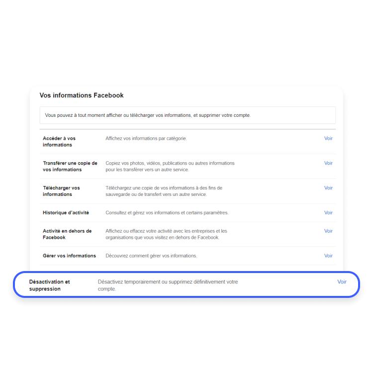 Sélectionnez Désactivation et suppression dans les paramètres Facebook sur PC