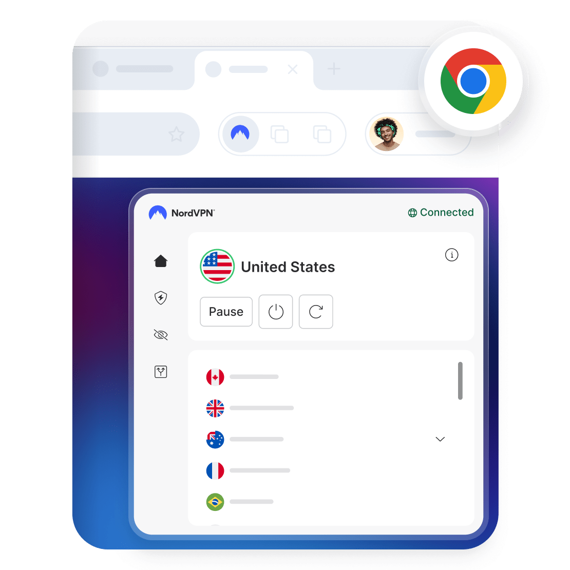 A computer screen showing a VPN on the Chrome browser for safer online browsing