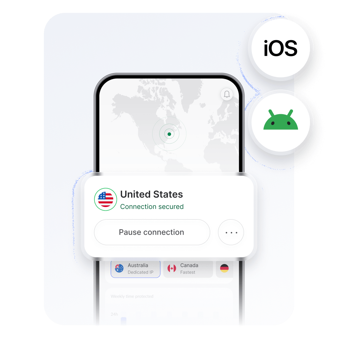 A smartphone displaying the NordVPN app connected to a US server for streaming paid home content.