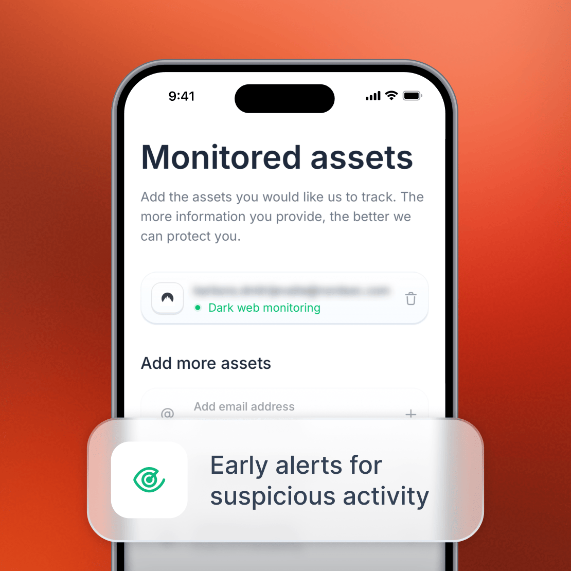 A smartphone with a Coveron app’s “Monitored assets” screen.