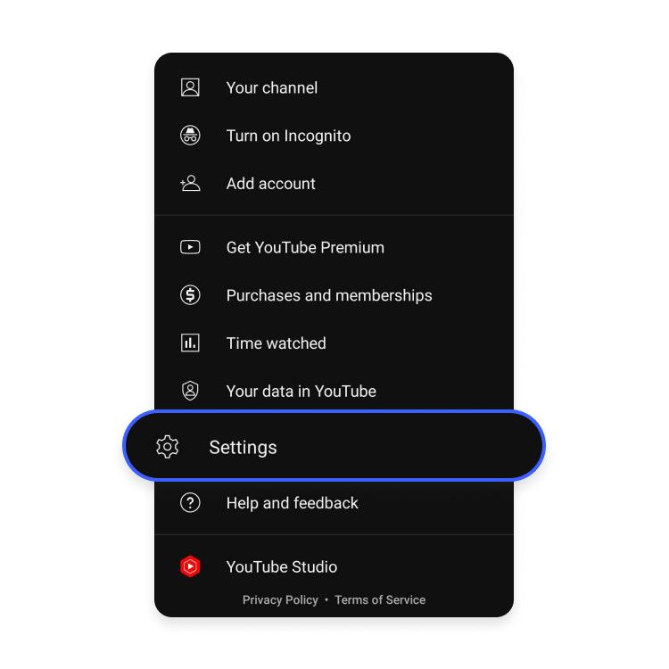 YouTube settings menu on iOS