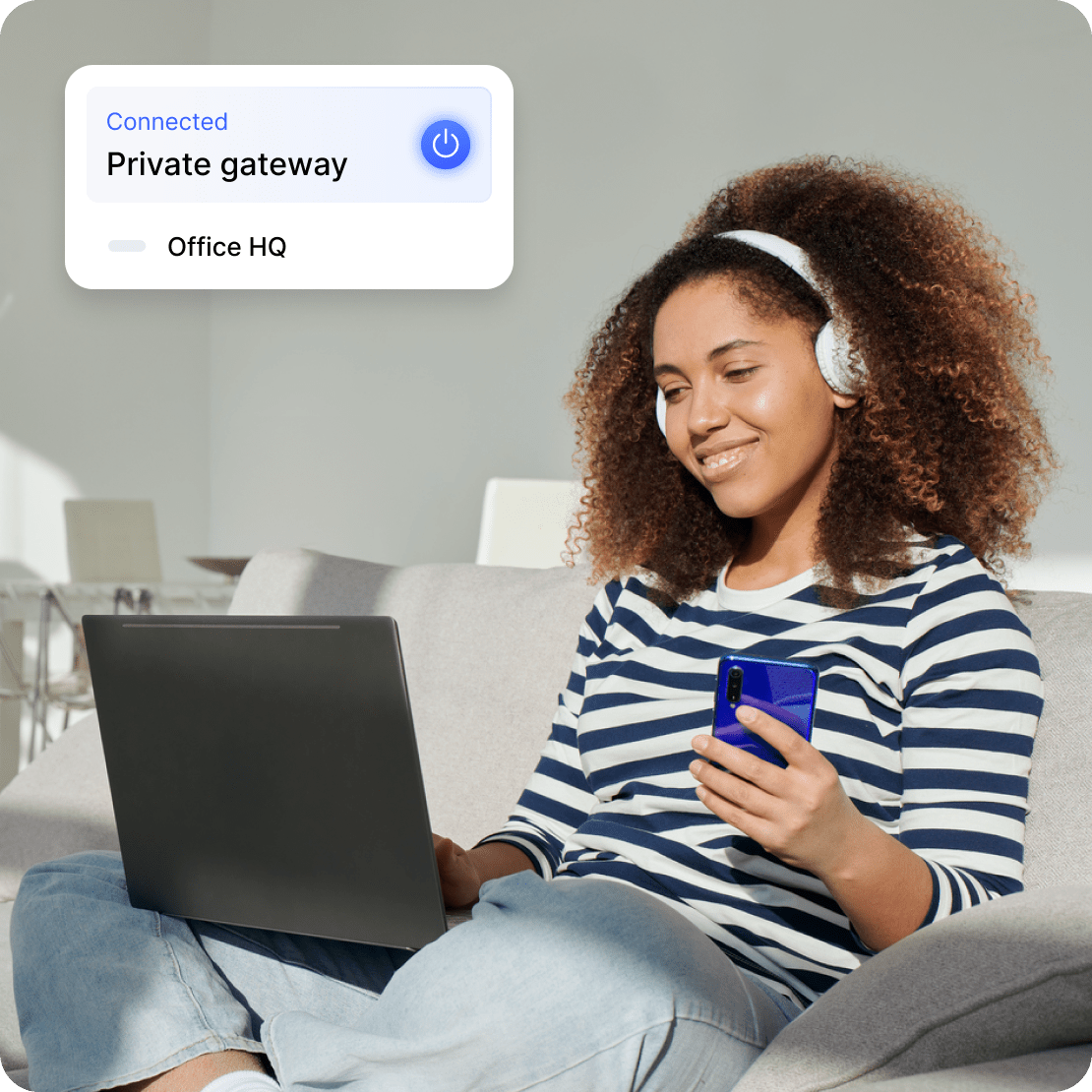 A person with devices connected to a remote access VPN for secure access and protected communication.