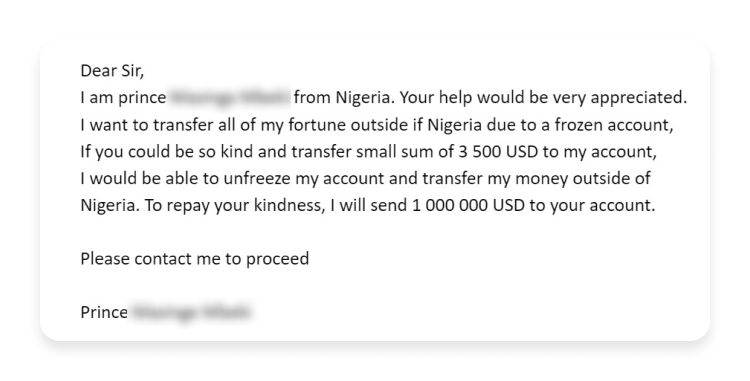 Nigerian Prince scam email example