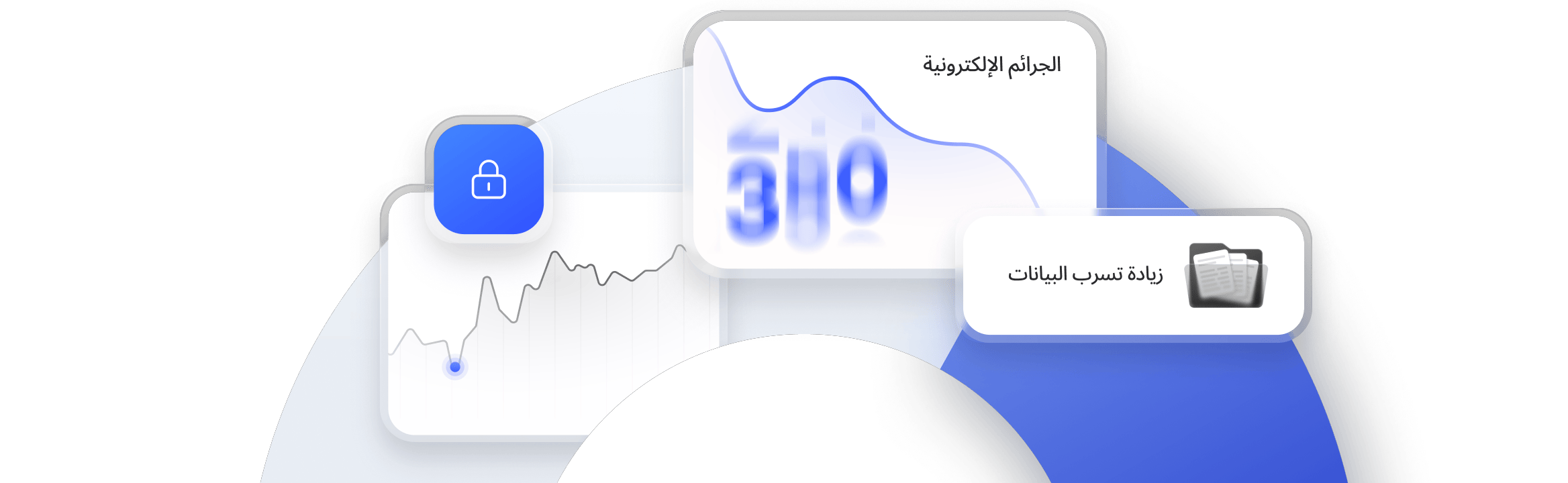 لوحة لمعلومات الجرائم الإلكترونية تُظهِر تزايد حالات تسرب البيانات واتجاهات الأمن بجانب أيقونة القفل التي تمثل الأمان.