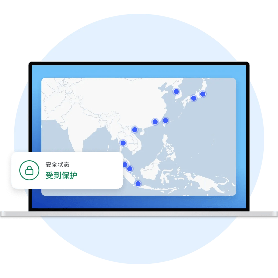 笔记本电脑显示 NordVPN 的服务器地图和“安全状态：受到保护“。