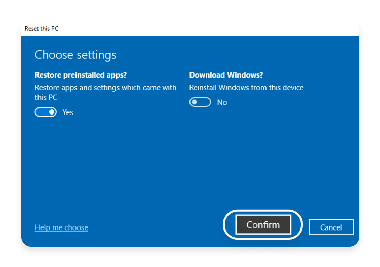 Windows10 confirm chosen settings