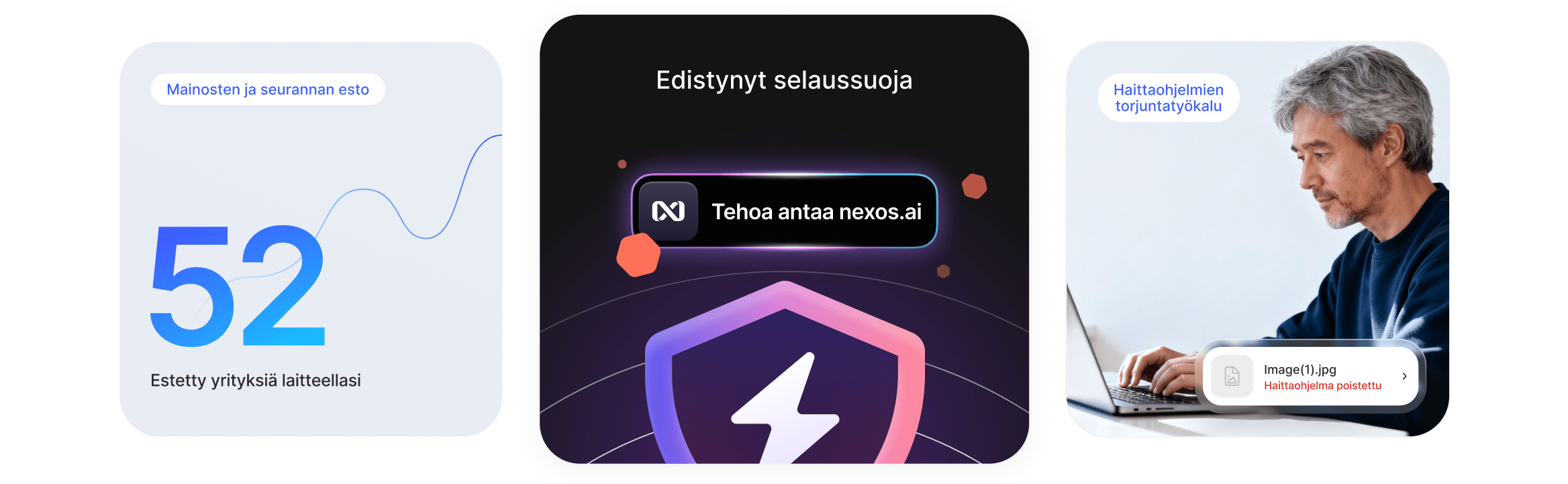 Mies nauttii edistyneestä selaussuojasta ja välttää mainokset, seurannan ja haitalliset lataukset.