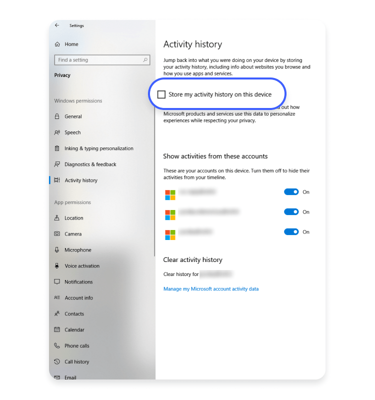 windows10 disable activity history
