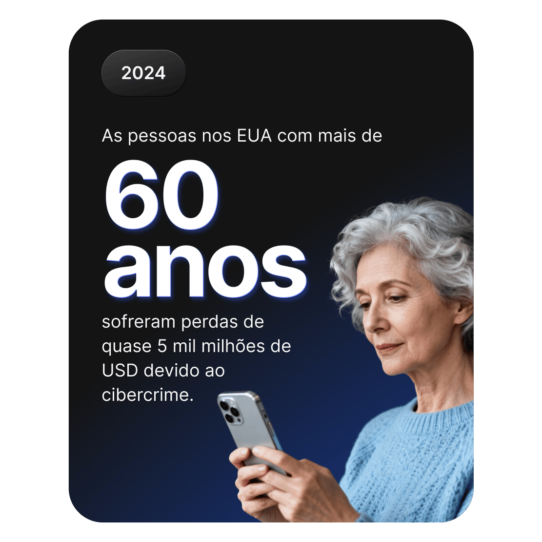 Idoso a usar um smartphone, representando perdas devido a cibercrime de quase 5 mil milhões de dólares por norte-americanos com mais de 60 anos.