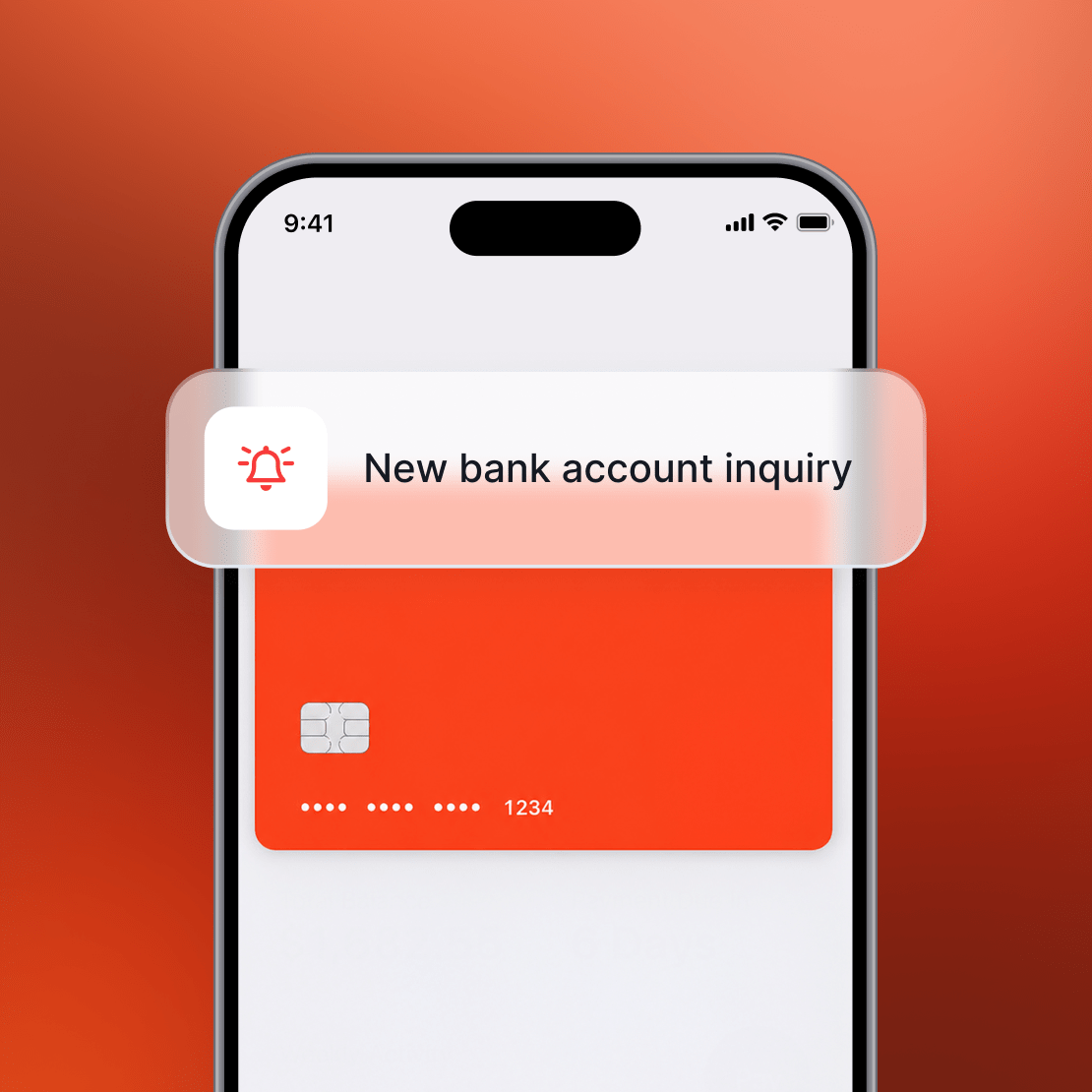 A smartphone with an electronic credit card and Coveron alert for new bank account inquiry.