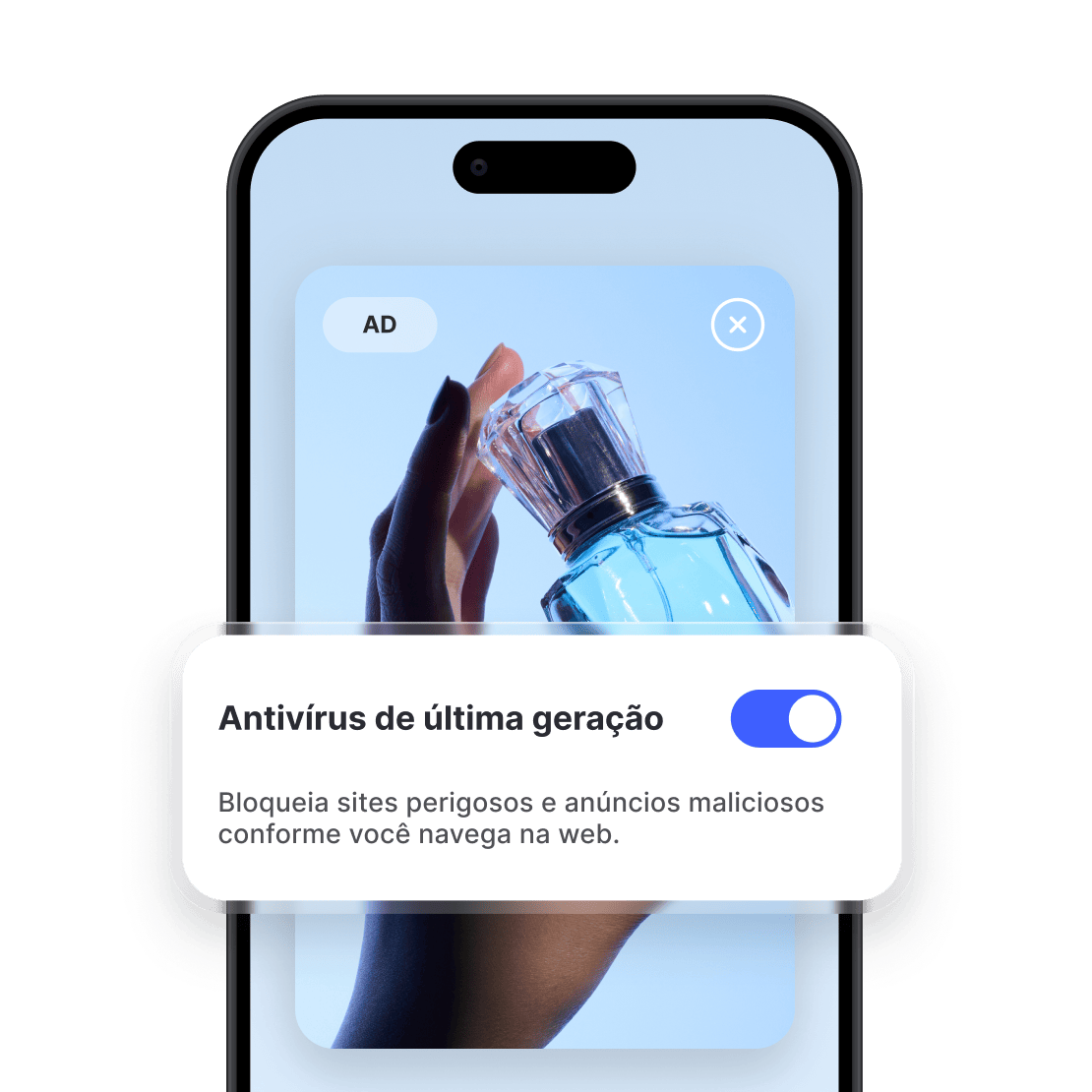 Tela de um smartphone mostrando um anúncio de perfume com o recurso de bloqueador de anúncios da NordVPN ativado.