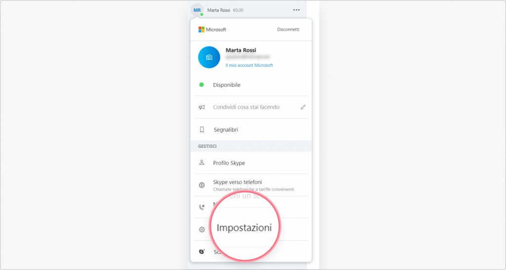 cancellare un account Skype su desktop