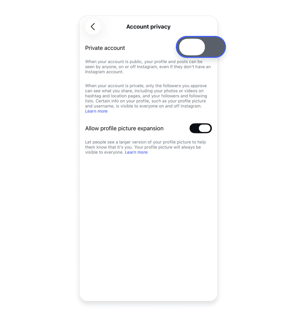Instagram Account privacy screen with the Private account switch highlighted
