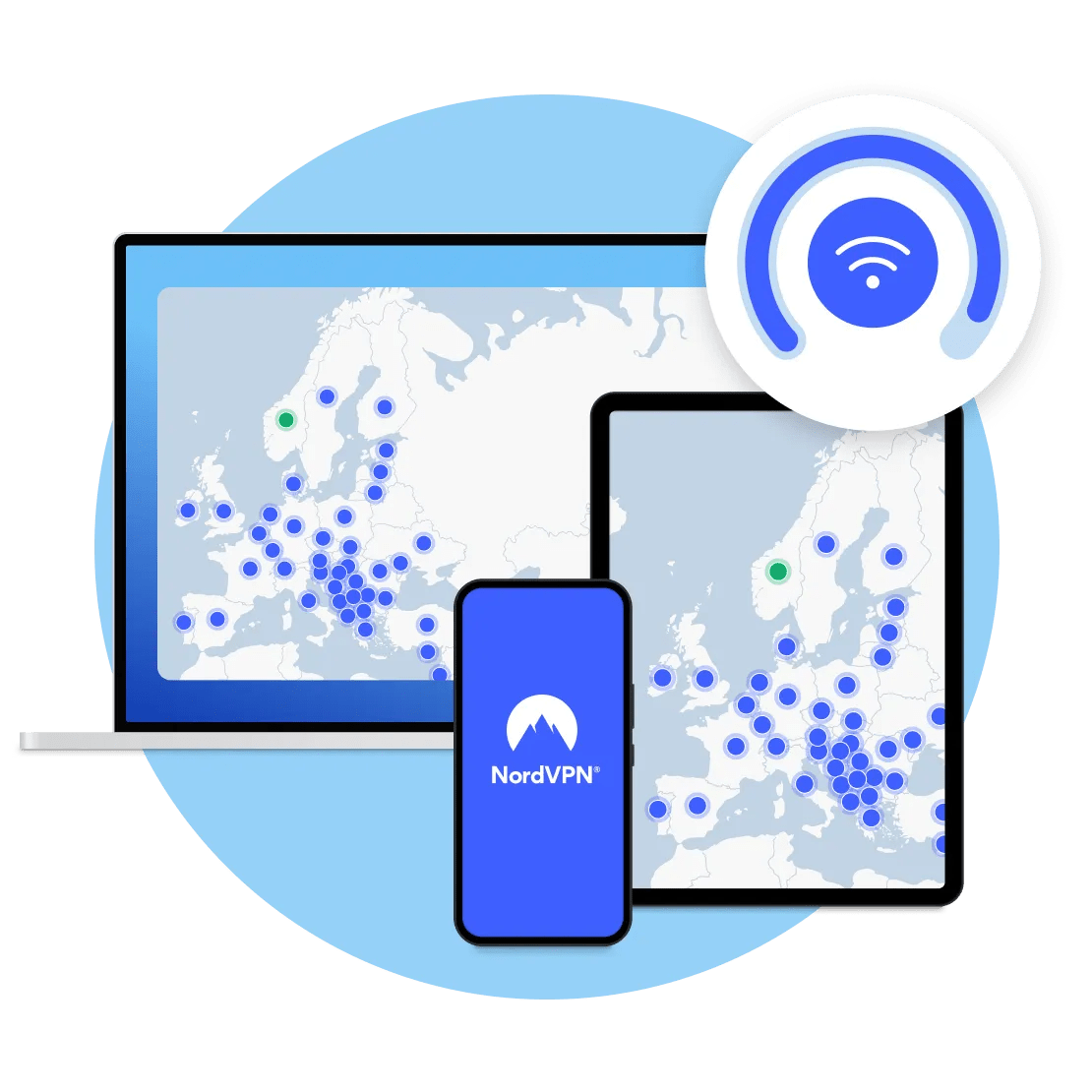 En NordVPN-app som viser en VPN-tilkobling på forskjellige enheter.