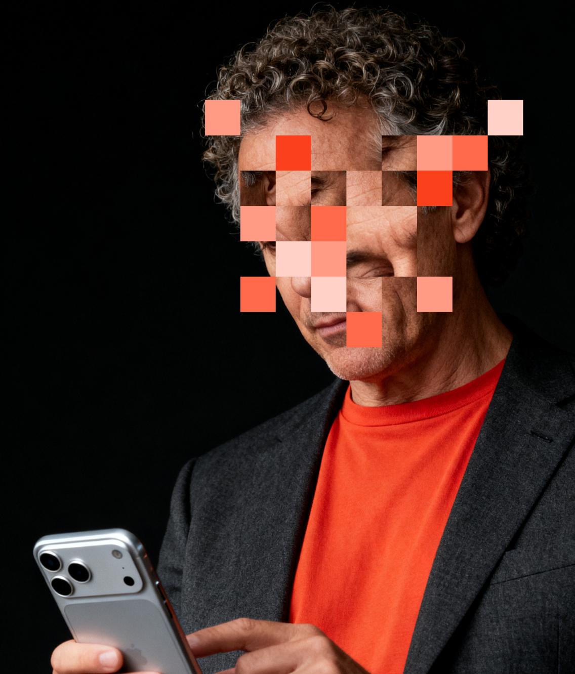 Man’s face pixelated to show identity theft protection by Coveron.