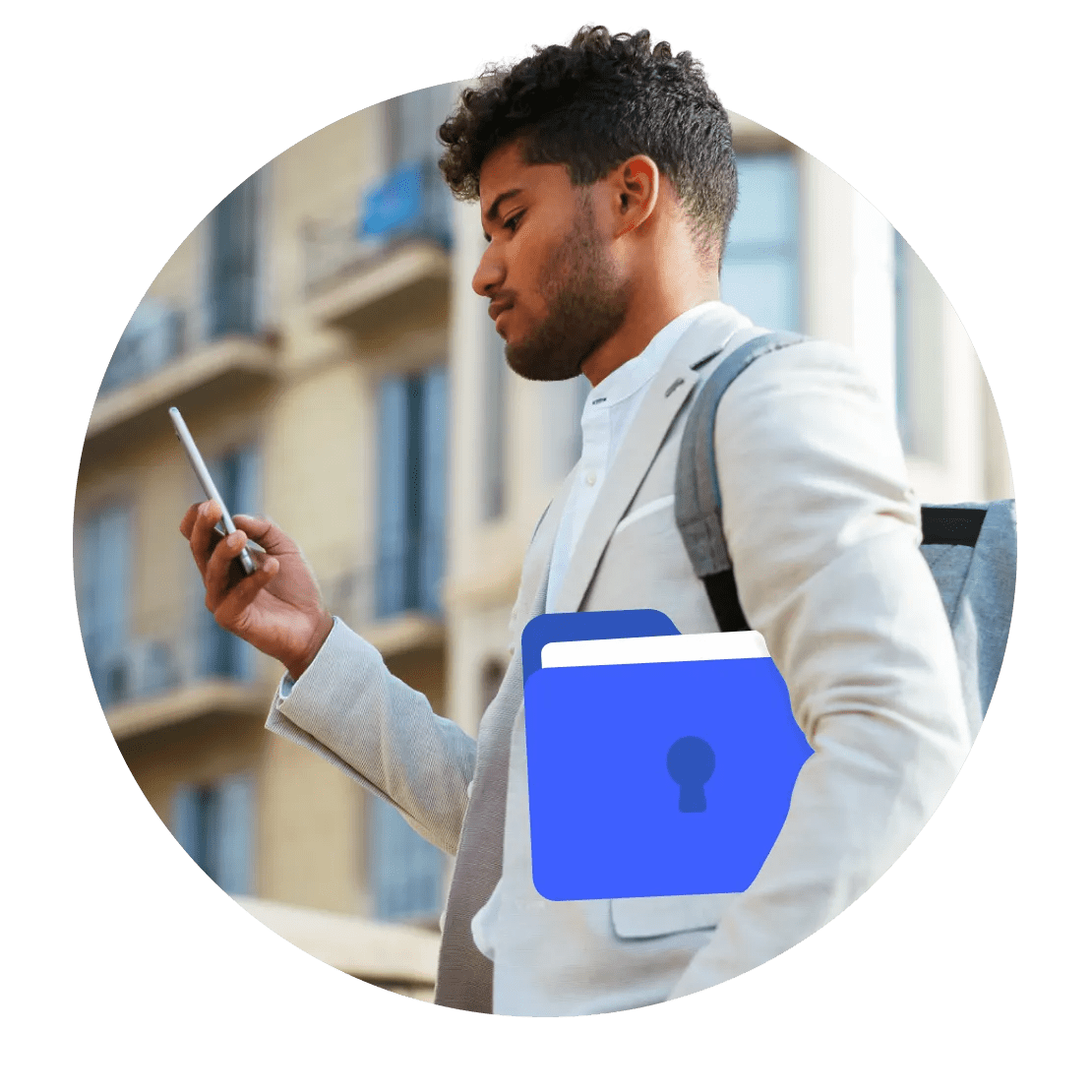 Man carrying a blue folder with a keyhole to represent online traffic protected by VPN encryption.