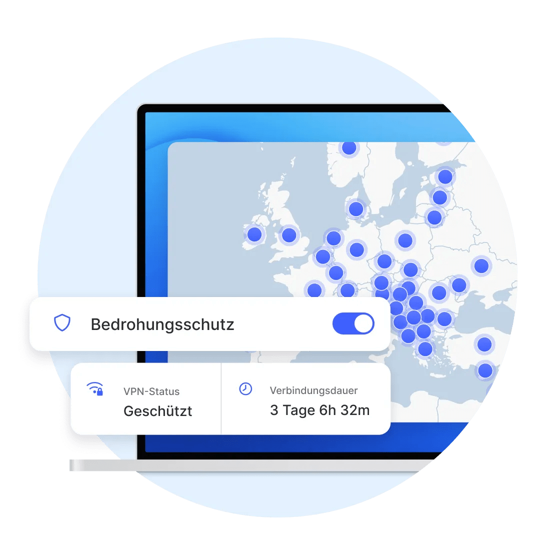 NordVPN-App auf einem Laptop, Bedrohungsschutz Pro eingeschaltet.